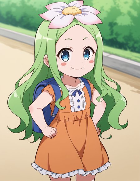 score_9, score_8_up, score_7_up, source_anime, <lora:celine-darkness-ponyxl-lora-nochekaiser:1>, celine, long hair, blue eyes, hair ornament, flower, green hair, hair flower, wavy hair, blush stickers,, dress, backpack, orange dress, frills,, dirt road, rural, path, dust, nature, smile, smug, hands on own hip,, looking at viewer, solo,, dutch angle, cowboy shot
