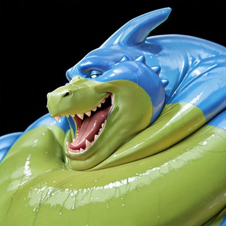 score_9, score_8_up, score_7_up, semi-realistic illustration, masterwork, ((head profile), close shot, head shot, small head:1), (back rolls, many fat cheeks:1), open mouth, grin, smile, looking at viewer, Gidon, green and blue skin, detailed teeth, green and blue skin, anatomically correct, dynamic angle, foreshortening, shiny skin, reflected skin, detailed skin, detailed face, detailed eyes, cyan eyes, horn, sweat, musk, brightly lit, BREAK masterpiece, very aesthetic, absurdres,