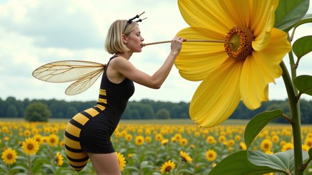 cinematic photo a (25 year old girl:1.5), she has huge bee wings attached to her back and bee antennae attached to her head, she's wearing a( black and yellow:1.2) horizontally striped figure hugging lycra minidress, the dress has a human sized (fuzzy bee abdomen attached sticking out at the butt:1.3)
she has blonde hair in a bob cut, she has a slim figure and long legs, she has medium sized breasts
she's hovering in midair in front of a enormous flower, the flower is bigger than the girl, ready to drink it's nectar through a long straw, the straw is held in her hand with the end (stuck into the flower:1.3)
she's in a meadow of enormous wild flowers,, score_9, score_8_up, score_7_up, hyperdetailed, hyperrealistic,  best quality, (masterpiece:1.3),high-definition, intricate details, volumetric lighting, symmetrical face, level eyes, . 35mm photograph, film, bokeh, professional, 4k, highly detailed