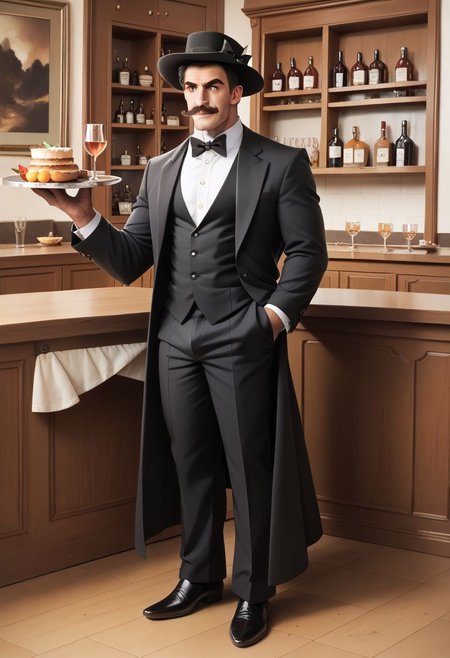 score_9, score_8_up, score_7_up, score_6_up, score_5_up, score_4_up, rating_safe,tpdne,1man,solo,astolfo_(fate),tuxedo,tophat,handlebar moustache,red moustache,full body,indoors,platter,holding platter,resytraunt