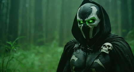Dark Moody Atmosphere, (Cinematic Film stock footage style) in (arri alexa style) (Kodak film print style),
 <lora:Spawn:1>
Spawn a man with a gun and a skull on his shoulder and green eyes and a living symbiotic costume, dramatic, mysterious, dark moody atmosphere