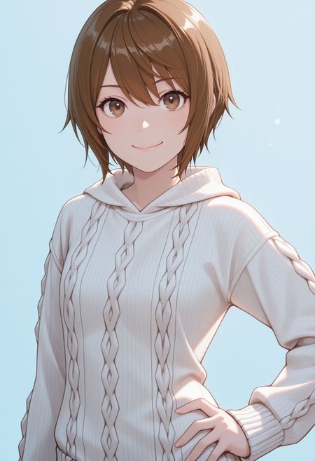 masterpiece,best quality,absurdres,highres,very aesthetic,high quality,detailed,insanely detailed,beautiful,perfect lighting, looking at viewer, smile, hand on hips, smile, light blue background, very awa
 <lora:Kinuhata Saia illu:1> 1girl, short hair, brown hair, brown eyes, white sweater, aran sweater,