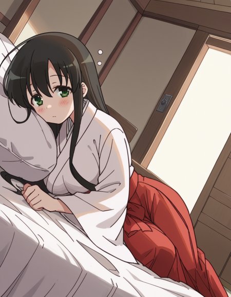 score_9, score_8_up, score_7_up, source_anime,
kasumiiwato, <lora:kasumi-iwato-s2-ponyxl-lora-nochekaiser:1>,
kasumi iwato, long hair, black hair, green eyes, hair between eyes, large breasts,
skirt, japanese clothes, hakama, hakama skirt, miko, red hakama,
indoors, bed, bed room, on side, blush, drunk,
cowboy shot, looking at viewer, solo, dutch angle,