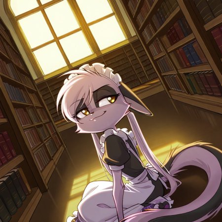 1girl,solo,furry,pink fur,tail,ears,source_furry,
,<lora:Viriathus_Vayu_illustrious:0.8>,
child, kid,
long hair, hime cut, long bangs, maid dress, 
(face focus, close-up, dutch angle:1.3),library, study, sunset,,  sitting, window, (from side:0.7),looking away,
(relaxed smile, smug:0.9),