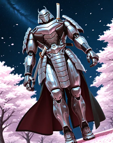 <lora:Silver_Samurai_(Marvel_Comics)_(Illustrious)_(AD):1> Silver Samurai, robot, armor, 
((
exterior, traditional Japanese noble's estate home, cherry blossoms, night sky, 
dutch angle, dynamic action, male focus, solo, fully armored, villain, hyper glossy body, powerful, superiority,  
)),
BREAK: very awe, aesthetically pleasing, masterpiece, best quality, amazing quality, very aesthetic, depth of field, absurd details, depth of field, atmospheric rendering, natural shading, soft shading, 
BREAK: lazympos, lazypos (3),