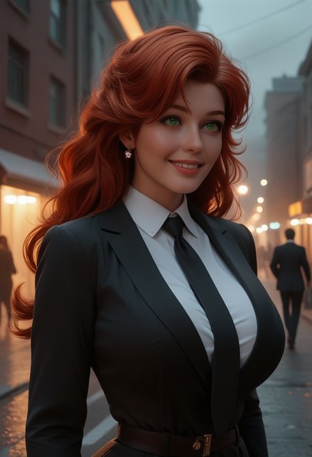 score_9, score_8_up, score_7_up, score_6_up, female portrait, 1woman, solo, Mary Jane, 35 years old, massive breasts,mature,long hair, red hair,smile, green eyes, black suit, black pants, black necktie, office lady, close up, waist up, posing, looking away, parted lips, steam, cold weather, foggy, night time, street, walking, dynamic angle, natural light,
(((((upper body))))), dynamic pose
 <lora:Dynamic Poses:1>
 <lora:detailed_notrigger:1>
(((full clothed)))