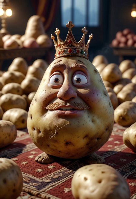 8k raw, soft lighting, photorealism, DSLR photo, cinematic, high details, a photo of the king of the potato people, potato face, on a magic carpet,  standing before several large potatoes