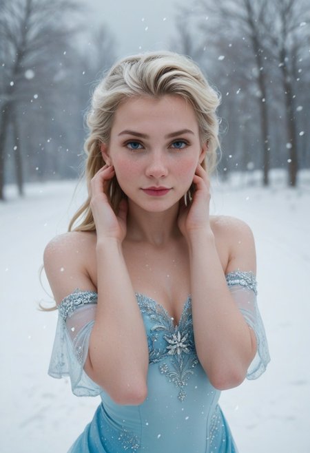 ,score_9_up, score_8_up, score_7_up, ,score_6_up,standing,elsa, posing with hands in hair, looking at viewer, pale milky skin, snowing