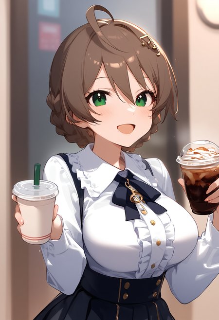 1girl,
sakuramori kaori,


ahoge, braid, blush, green eyes, white shirt, short hair, pleated skirt, center frills, smile, holding cup, solo, shirt tucked in, black skirt, brown hair, ribbon, holding, breasts, disposable cup, open mouth, cup, collared shirt, musical note, skirt, musical note hair ornament, looking at viewer, neck ribbon, large breasts, long sleeves, frills, frilled shirt collar, hair ornament, shirt, black ribbon, hair between eyes,

sfw
<lora:a31_char_new_sakuramori_kaori-000018:1> <lora:a31_style_koni-000010:0.8>