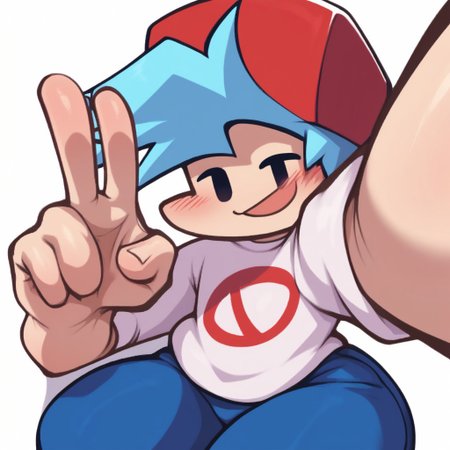 score_9, score_8_up, score_7_up, score_6_up, score_5_up, score_4_up, BREAK, 
1boy, solo, twink, thick thighs, wide hips, large thighs, bottom heavy, mob face, blue hair, red hat, boyfriend-fnf, profile picture, selfie, smile, peace sign, close up, face close up, looking at camera, blush, white shirt, white background, :3, cute face, by Krekkov