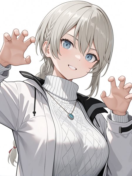 masterpiece,best quality,newest,
1girl,solo,
<lora:ADELAIDE_BLUTHAUSEN_ilxl_v1.0:1>,a_bluthausen,grey hair,blue eyes,braided ponytail,
s_nase,necklace,white jacket,long sleeves,turtleneck sweater,ribbed sweater,
<lora:Fixhands_anime_bdsqlsz_V1:1>,upper_body,:d,parted lips,claw pose,looking_at_viewer,front view,portrait,white_background,simple_background,