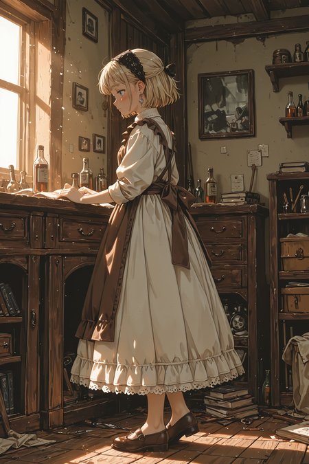 1girl, short hair, blonde hair, half updo, lace-trimmed hairband, silver earrings, thick eyebrows, grey eyes, detailed eyes, blush,
vintage dress, maid dress, white dress, puffy sleeves, sleeves rolled up, frilled dress, brown sash, bow on back, apron, cloth shoes, old-fashioned clothing,
old room, messy room, vintage interior, wooden floor, cluttered shelves, bottles, scrolls, tools, parchment, books, cozy atmosphere, rustic decor, sunlight through window, light rays, warm lighting, 
from side, side view, focused expression,
watercolor effect, soft shading, muted colors, sepia tones, storybook illustration, nostalgic,
masterpiece, best quality, anime coloring