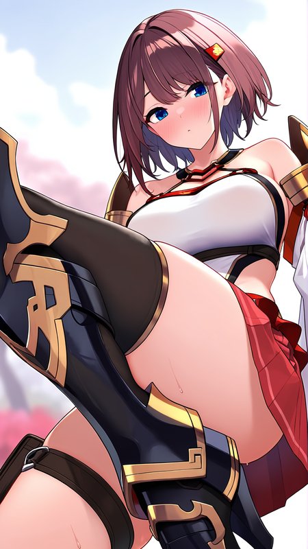amazing quality,absurdres,best quality,masterpiece,highres,newest,detailed,detailed body,detailed face,masterpiece,best quality,solo,
ä¸å¤ã¡ãã,1girl,solo,short brown hair,blue eyes,red pleated skirt,asymmetrical legwear,single leg armor,armored boot,exposed leg,white outfit,wide detached sleeves,hair ornament,fantasy style,
<lora:ä¸å¤ã¡ãã:0.8>,