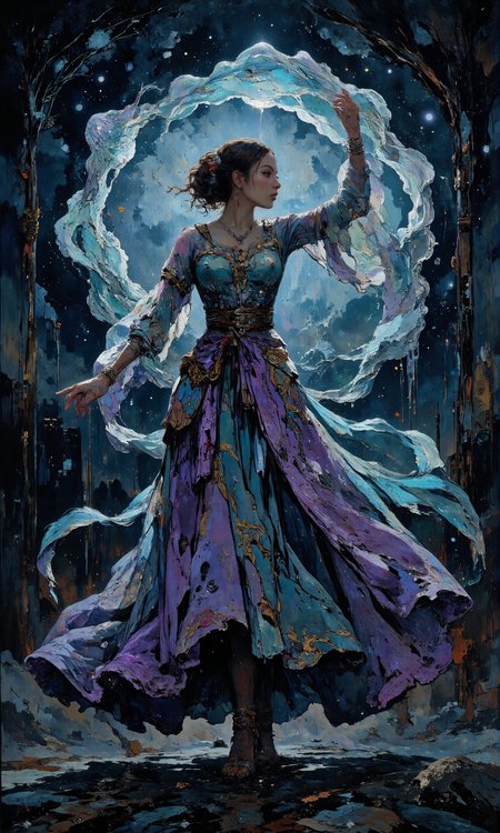 Anniele Lines, Enchanting mystical dancer twirling under ethereal moonlight, vibrant silks in swirling patterns and delicate embroidery, inspired by Middle-Eastern traditions. Silver and gold accents shimmer on aqua and lavender hues, as diaphanous veils flow around fluid movements. Bejeweled anklets jingle with grace, reflecting a captivating harmony. Midnight romantic setting where shadow meets soft light, creating luminous auras. 8k detail highlighting every intricacy, with glowing, atmospheric beauty. <lora:Let_It_Blaze_in_Crimson_anime_v1.0:0.5> <lora:Ethereal Brush Anime v2.0:0.3> <lora:Anime v1.3:0.4> <lora:Memadukan_Brush_Strokes_of_Fineart:1.0> <lora:flux_dev:1>
