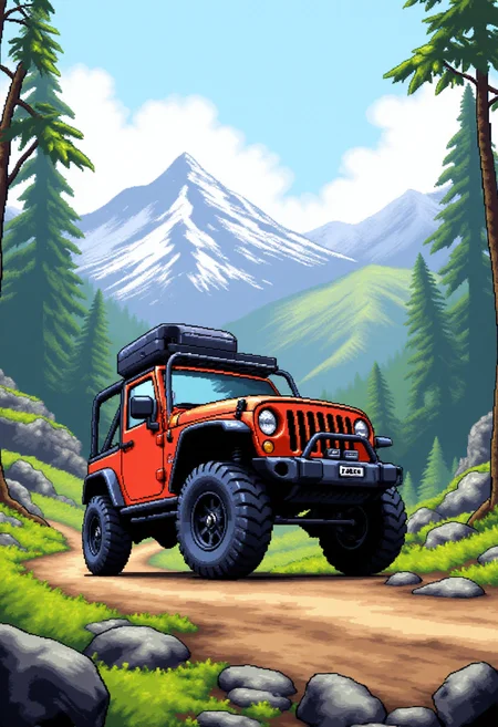 <lora:KFT_2d_Pixel_Style_FLUX-000017:1>
The image is a vibrant kftpxl pixel art illustration featuring    a jeep driving in the mountains