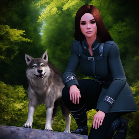 1girl,brown hair,long hair,coat,green eyes,looking at viewer,on one knee,animal,wolf,outdoors,forest,<lora:MassEffect1LEStyle_illustrious-step00000800:1>,me1lestyle,3d,realistic,masterpiece,newest,safe,