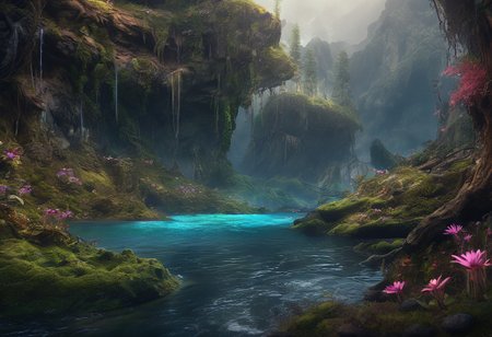 Concept art Fanmytwor style. (No living creatures were found:2), fantasy, Sci-Fi, dark, fracolor a digital painting of an alien world with large forests, trees that have translucent flowers and bio-luminescence leaves, fractalvines, mountains, rivers and oceans, beautiful caves and rain that glows. No animals were found. A digital rendering, realistic, high-res, viewed straight on, ultra detailed, alien world, ((small animals)), beautiful alien plants, water, mountains, ground covered in moss and rivers. Very colorful, with light manipulation, photo manipulation, dark, contrast, mysterious, fantastic scenes, digital artistry, creative editing, striking visuals. Intricate, patterns, highly detailed, science fiction