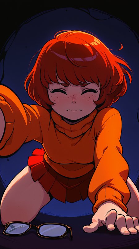 masterpiece, best quality, amazing quality, girl,  <lora:Crestyle_Illu_epoch_15:0.8>, Crestyle, dynamic pose, crawling, velma dinkley, unworn glasses, freckles, orange sweater, turtleneck sweater, red pleated skirt, solo, darkness, solo, closed eyes, low angle, haunted, close-up, nervous, kneeling, reaching towards viewer, possessed,
