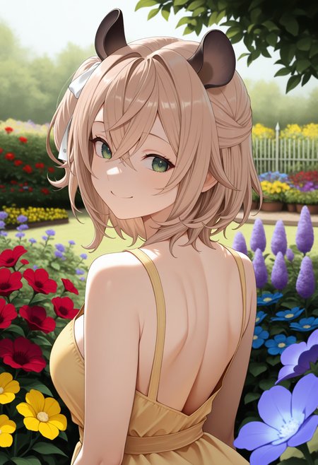 masterpiece, best quality, 1girl, solo, green eyes, light brown hair, medium hair, crossed bangs, one side up, hair ribbon, white ribbon, animal ears, from behind, outdoors, garden, flower, red flower, blue flower, purple flower, yellow flower, looking back, yellow sundress, shoulder blades, sleeveless, smile, <lora:ChamNimiNightmareV2Noob:1>