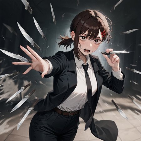 masterpiece, best quality, newest, absurdres, highres, 
anime, anime style, 
1girl, higashiyama kobeni \(chainsaw_man\), brown hair, collared shirt, black necktie, black jacket,
KFV1.0, knife, throwing, throw, throwing knife, 
multiple knives, holding, holding knife, weapon, holding weapon, 
knives between fingers,