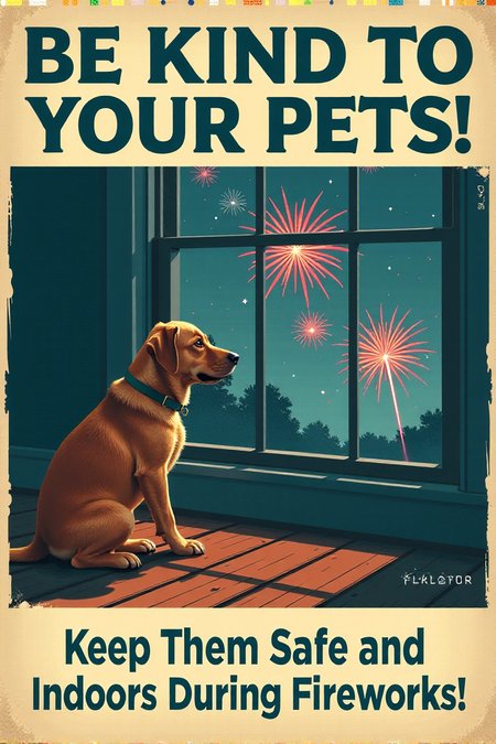 A vintage-style poster featuring a sad-looking dog cowering inside a house with closed windows, while colorful fireworks explode safely in the distance outside. The text in a gentle, blue font reads: "BE KIND TO YOUR PETS! Keep Them Safe and Indoors During Fireworks." Emphasize the importance of animal safety during celebrations.  <lora:REMEs_War_Poster_Style:0.95> In REME's War Poster Style,âââ