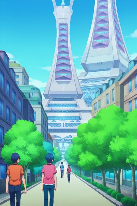 anime, animification, anime screencap, anime coloring, vivid colors, depth of field, high quality, highres, lumiose city, 1girl, shirt, 1boy, outdoors, multiple boys, sky, day, tower, prism tower, pants, tree, blue sky, building, scenery, city, road, street
 <lora:Lumiose_city-10:1>