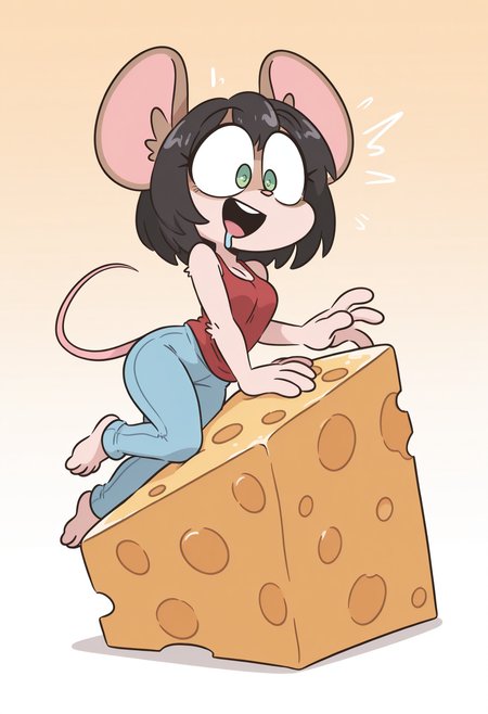 masterpiece, best quality, amazing quality, very aesthetic, absurdres, newest, simisimi, chibi, solo, furry, mouse, (brown fur), black hair, green eyes, red tank top, blue pants, lying on side, on giant cheese, excessive amount of cheese, excited, drool, (4 fingers), gold gradient background, <lora:simi-style-il:1>