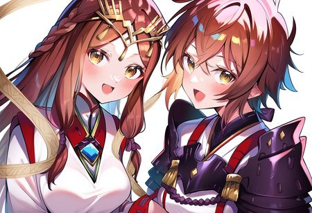 (score_9:0.9),score_8_up,score_7_up,anime style,rating_safe,(zPDXL),2girls,white background,medium breasts,looking at viewer,smile,blush,open mouth,parted lips,
BREAK long sleeves,haze_xb2,miko costume,red hakama skirt,
BREAK shoulder armor,fingerless gloves,lora_xb2,white japanese costume,red skirt,<lora:XB2 Lora and Haze ponyXL v1:0.94>,