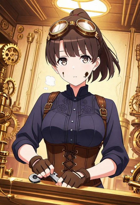 masterpiece, best quality, 1girl,Megumi <lora:IL-KatoMegumi:0.8>,brown hair,katou megumi,brown eyes,medium breasts, short hair, ponytail ,medium breasts,  looking at viewer, masterpiece, best quality, steampunk engineer outfit, leather corset with brass buckles, goggles on head, fingerless gloves, Victorian workshop background, brass gears and clockwork, steam pipes, vintage machinery, floating cogwheels, holding wrench, determined inventor expression, oil smudge on cheek, industrial lighting, copper and brass tones, steam effects, mechanical contraptions, detailed mechanical parts, dutch angle composition