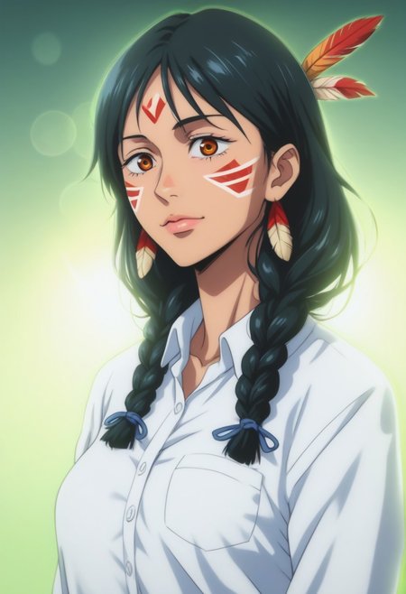 score_9, score_8_up, score_7_up, source_anime, intricate details, anime screencap, perfect balance, official art, extremely detailed CG unity 8k wallpaper, perfect lighting, Colorful, Warm_Front_face_Lighting, (masterpiece:1.0),(best_quality:1.0), ultra high res,4K,ultra-detailed, photography, 8K, HDR, highres, absurdres:1.2, Kodak portra 400, blurry background, bokeh, lens flare, (Anime) (vibrant_color:1.2), professional photograph, night, (cute_face:1.2), 2d, anime, upper body, intricate iris, American, Professional character design, 1girl, female focus, (Orange eyes), perfect eyes, (black-hair), Native American, Indigenous, American Indian, youthful, solo, jujutsu_kaisen_style, character portrait, (perfect-lighting), face, young, (Dark-black-hair), Long hair, (Native American), Indigenous, American Indian, (((wild eyes))), (Native North American), (Upturned eyes), (high cheekbones), (strong jawline), (Black Hair), ((((Native-American-Eagle-feather-braids, Native American Eagle feather accessories)))), (((wild eyes))) ((Bobbed Bangs)) (((Slanted-Eyes))) (Psycho) (Happy) (Friendly) (Goofy) (White Dress Shirt), (Warpaint), (Redwood Forest, Pacific Northwest Forests), (Inuit), (Tan skin), (Dark Skin), (Brown skin), (bobbed hair), White Eagle-Feather-Earrings, Thick Bangs, Bobbed hair, Bob-cut, White-Feather-Earrings, Brown-skin, Inuit Face-paint, Full-Bangs, Wide-Bangs, Thick-Hair, Native Face-paint, White dress shirt, Tribal Tie
