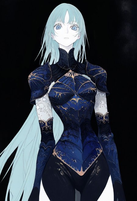 solo, looking at viewer, blue eyes, black background, 1girl, solo, long blue hair, pale white skin, blue armor, masterpiece,best quality,very aesthetic,absurdres
 <lora:monfornoob:0.95>