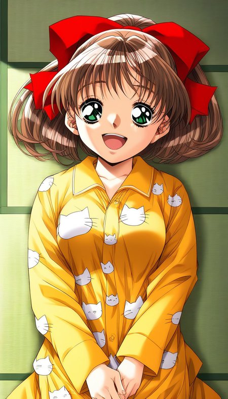 score_9, score_8_up, score_7_up, source_anime, rating_explicit, BREAK <lora:Sunohara_Suzuha_XL:1> Sunohara_Suzuha, brown hair, green eyes, red bow, hair bow, medium hair, ponytail, medium breasts,
1girl, solo, closed eyes, open mouth, smile, long sleeves, happy, Yellow pajamas, tatami, cat print,