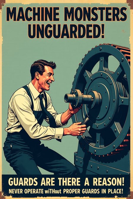 "Vintage safety sign illustration of a worker operating a large, dangerous-looking machine with all the machine guards completely removed or bypassed.  He is happily feeding his tie into moving gears and ignoring exposed blades and belts spinning dangerously close to his hands.  He has a blissful, carefree expression, completely unaware of the imminent danger of entanglement.  The sign text in bold, vintage lettering cries out: 'MACHINE MONSTERS UNGUARDED!  GUARDS ARE THERE FOR A REASON!  NEVER OPERATE WITHOUT PROPER GUARDS IN PLACE!' Render in a stark, slightly unsettling vintage cartoon style, contrasting the worker's oblivious happiness with the clearly dangerous unguarded machinery. Use a color palette that emphasizes the cold, metallic nature of the machinery (greys, blues) and warning reds for danger zones around the unguarded moving parts. Visually stunning vintage cartoon, direct machine guarding safety message, high detail in machine components and the worker's dangerous disregard for safety." <lora:REMEs_War_Poster_Style:0.9> In REME's War Poster Style,âââ