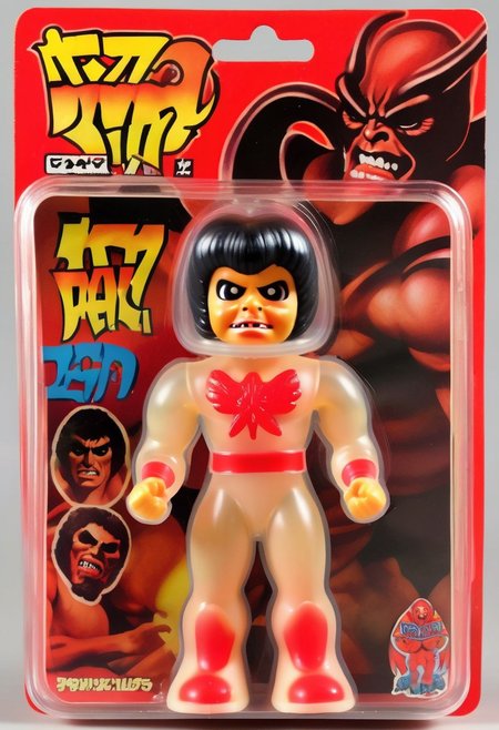 <lora:1987 Action Figure Playset Packaging:1>1987 Action Figure Playset Packaging - A product photo of a 1970s japanese toy clear KISS (Band) The Demon (spitting blood) figure in front of packaging