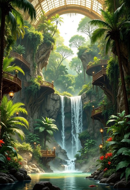 Misty Sunlit Rainforest Ballroom with Waterfalls
A tropical botanical ballroom, bathed in soft golden sunlight filtering through a high glass ceiling, where a gentle mist rises from the ground, creating an atmosphere of pure serenity. The space is filled with towering ferns, flowering vines, and massive tropical trees, forming a lush indoor rainforest with hidden pathways and tranquil pools.
At the heart of the ballroom, a multi-tiered waterfall cascades from moss-covered cliffs, its flow creating a constant gentle mist that catches the sunlight, forming delicate rainbow prisms in the air. The sound of chirping exotic birds and the distant calls of hidden waterfalls fills the space, blending with the soft trickle of water over stone.
Seating areas are arranged on elevated wooden decks, surrounded by glowing lanterns and colorful hanging orchids. Soft mist swirls around the floors, partially hiding small winding streams and koi-filled ponds, making it feel like the room is floating within an enchanted rainforest.