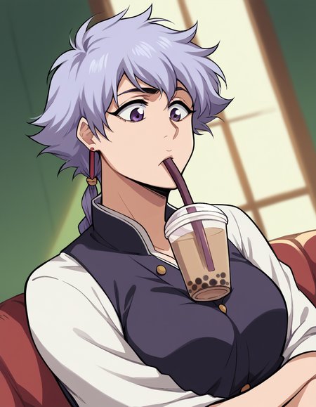 score_9, score_8_up, score_7_up, source_anime, <lora:isane-kotetsu-anime-ponyxl-lora-nochekaiser:1>, isane kotetsu, short hair, braid, purple hair, purple eyes, hair braid,, <lora:bubble-tea-challenge-ponyxl-lora-nochekaiser:1>, bubble tea challenge, bubble tea, object on breast, drinking straw, drinking straw in mouth, drinking, cup,, indoors, sitting, looking down, , cowboy shot, dutch angle
