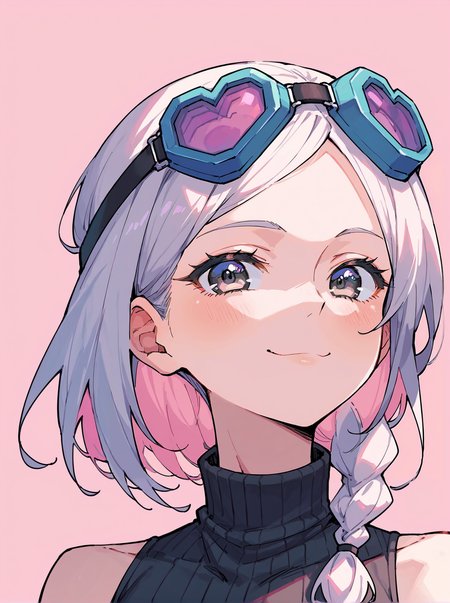 score_8_up, score_7_up, score_6_up, source_anime, 1girl, solo, simple background, pink background,, portrait, close-up
smile, 
black turtleneck, sleeveless
goggles on head  <lora:Heart_Goggles:1>