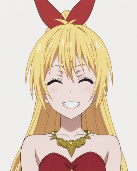 score_9, score_8_up, score_7_up, best quality, masterpiece, anime, anime screencap, anime coloring, looking at viewer, 1girl, solo, upper body, (simple background, solid white background:1.3), <lora:chitoge-nisekoi:0.8>, chitoge kirisaki, hair ribbon, ponytail, necklace, red dress, sleeveless, strapless, smile, grin, closed eyes