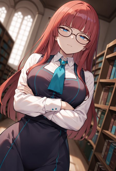 <lora:StuffyAISDXL11:1>, best quality, masterpiece, very awa, StuffyAIStyle, 1girl, red hair, long hair, blunt bangs, blue eyes, medium breasts, crossed arms, librarian, library, glasses, narrowed eyes, annoyed, dutch angle, depth of field, blurry background, solo, detailed background,