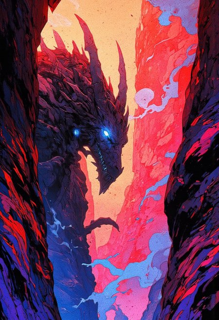 A surreal, abstract fantasy painting of a massive dragon lurking within an ethereal canyon. The dragon's silhouette is dark and jagged, adorned with sharp spines and elongated limbs, seamlessly blending into the swirling, dreamlike environment. The canyon walls are illuminated by intense hues of crimson, magenta, and violet, creating a striking contrast between shadow and light. The background features a vast, otherworldly landscape with towering, distorted cliffs that seem to melt and shift, forming surreal, fluid-like patterns. Wisps of blue mist weave through the air, adding an ethereal glow to the composition. The dragon's piercing, luminescent eyes radiate an eerie energy, hinting at its ancient and mysterious nature. The painting is rendered in a bold, modern fantasy style with elements of psychedelic surrealism, characterized by its vivid colors, fluid textures, and dynamic lighting. The scene feels both mythical and otherworldly, as if it exists in a dimension beyond time and space. The use of intense contrast and abstract forms evokes a sense of awe and danger, immersing the viewer in a dreamlike fantasy realm. The composition is balanced with the dragon’s form seamlessly integrated into the environment, its limbs and tail extending into the depths of the canyon. The swirling colors and distorted lines give a sense of movement, making the scene feel alive and constantly shifting
,  anime, cyberpunk