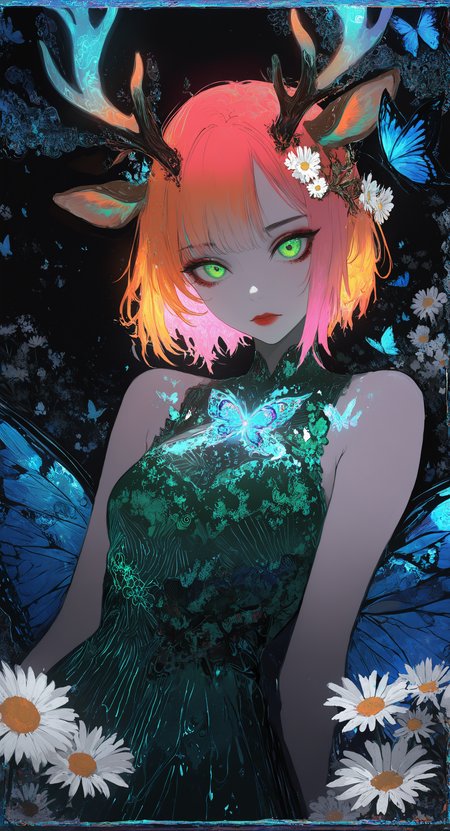 masterpiece, best quality, good quality, very awa, newest, highres, absurdres, 1girl, solo, breasts, looking at viewer, short hair, hair ornament, dress, animal ears, closed mouth, bare shoulders, green eyes, upper body, pink hair, flower, multicolored hair, small breasts, horns, wings, sleeveless, hair flower, orange hair, sleeveless dress, makeup, border, white flower, bug, lipstick, butterfly, eyeshadow, green dress, red lips, antlers, striped dress, insect wings, blue butterfly, butterfly wings, deer ears, daisy, deer antlers, deer girl, limited palette, sketch, glowing, psychedelic, <lora:illustriousXL_stabilizer_v1.23:0.3> <lora:NOOB_vp1_detailer_by_volnovik_v1:0.3> <lora:ponyv6_noobE11_2_adamW-000017:0.3> <lora:114558v4df2fsdf5:0.7> <lora:XXX667:0.5> <lora:mon_monmon2133:0.6>