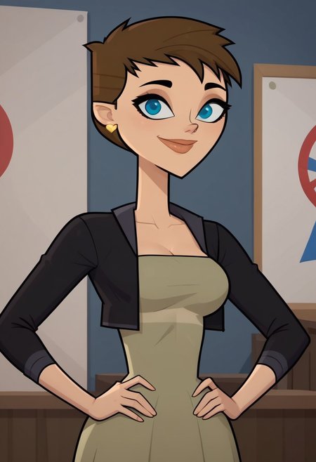 ((room background)),score_9, score_8_up, score_7_up,score_6_up, 
1girl, solo, Ivy_DC, light skin, blue eyes, dark brown hair, short hair, hairstyle pixie cut, yellow heart earrings, sleeveless olive green dress, black fitted short jacket, black tight pants, beige flat shoes, big eyes, cute, tall stature, social smile, perfect eyes, perfect smile, looking at the viewer, detailed eyes, perfect eyes, standing, big breasts (front pose, front view, bust shot) five fingers, perfect hands, hands on hips