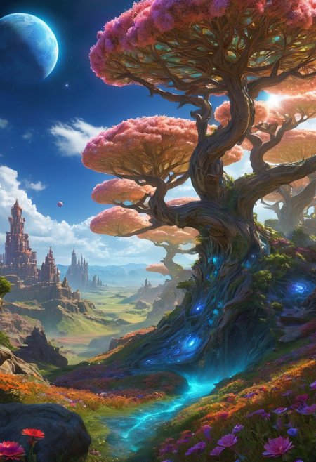 (masterpiece:1.5), unreal 8k wallpaper, unity 8k wallpaper, score 9, score 8 up, score 7 up, masterpiece_portrait, extreme quality, reflection, surface reflection, dynamic lighting, Cinematic style, cinematic quality, ((no humans, no people)), photorealistic, realistic, a spectrum of iridescent colors, precise, fractal design, flowing curves, precision, colorful, fractal geometry, harmonic interference, digital illustration, photo manipulation, altered realities, fantastical scenes, digital artistry, striking visuals, sharp focus, detailed background, light reflection, fantasy, science fiction, A enormous magical world, massive valley, in the center of the valley is (a magnificent magical landscape), the (magical landscape) has been here for a very long time, where this (magical landscape) came from no one knows it has long been forgotten, beautiful blue skies majestic clouds, gnarled trees dot the landscape, in the sky you can see (three huge moons) is all inspiring and a little frightening, the valley is also covered in beautiful multicolored flowers and multi-colored trees, no life can be seen anywhere, science fiction, (World of StarCraft), 3D blender, bushes, grass, flowers, daytime, Blue skies, clouds, magnificent World of StarCraft,