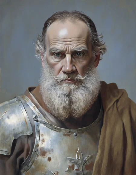 Rembrandt style <lora:DB:1>, This is a highly detailed digital portrait of an older man with a rugged, weathered appearance. The subject has a deeply lined face, expressive eyes, and a thick, white beard and mustache that covers his chin and upper lip. His skin tone is a light brown, suggesting a Mediterranean or Middle Eastern heritage. The man's hair is long, white, and unkempt, falling loosely around his shoulders.
He is dressed in medieval armor, specifically a metal breastplate that covers his upper chest and shoulders, with intricate designs and a slightly worn, weathered texture. The breastplate is a light silver color, with a visible seam running down the center. The man also wears a brown, woolen scarf wrapped around his neck, adding a touch of warmth and comfort to his attire.
The background is a softly blurred, gradient of cool tones, primarily blue and gray, which helps to focus attention on the subject. The lighting is natural and diffused, casting gentle shadows that enhance the textures and details of the man's face and armor. The overall style of the portrait is realistic, with a high level of detail and a focus on the textures and emotions of the subject., <lora:t0lst0y:1> . Baroque, chiaroscuro, realistic, emotional, "flat lighting