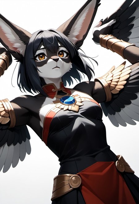 1person, Palagiri, anthro, feline features, feline nose, large ears, ((winged arms)), arms lowered, no hands
Dutch angle, 
Source: anime, score: 9, score: 8up,