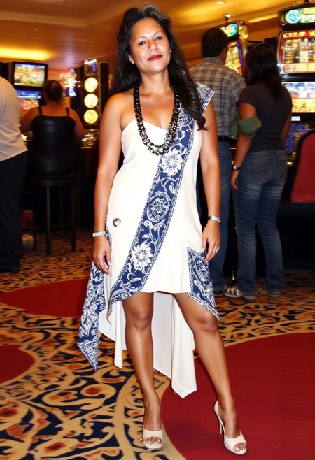 Linda, long black wavy hair, Body, she is wearing a loose white evening dress with traditional Polynesian patterns printed in navy blue, white high heels, a black Tahitian pearl necklace, she is standing in a casino,