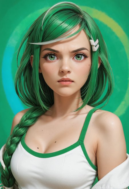 zPDXL2, (from side:0.8), (face focus:0.9), depth of field, highly detailed,
(close shot:1.2), portrait, sber-chan, green hair, streaked hair, green eyes, single braid, white bow, long hair, green nails, (skin details:1.1), (mole on breast:1.3), medium breasts, cleavage,
looking at viewer, shy, (angry:0.8),
hairclip, cowl sleeves tank top,
vibrant, colorful abstract background with swirling patterns and dynamic shapes,
<lora:add-detail-xl:1.5> <lora:Sber-chan:0.9>