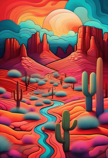 Rolling desert landscapes of the American Southwest in a vibrant psychedelic style, with bold, surreal colors separated by sharp black lines, creating a stained-glass effect. Towering red rock formations and mesas in the distance, stylized with vivid hues of orange, pink, and turquoise. Sparse desert vegetation like cacti and sagebrush rendered in exaggerated, kaleidoscopic patterns. A small pueblo-style village nestled in the valley, its adobe structures glowing with warm, earthy tones. The sun setting in a fragmented, geometric sky, casting a dreamlike glow over the scene. Highly detailed, surreal composition, inspired by psychedelic art and Southwestern aesthetics, 8K resolution, vivid and trippy yet harmonious color palette, a mesmerizing and otherworldly mood.