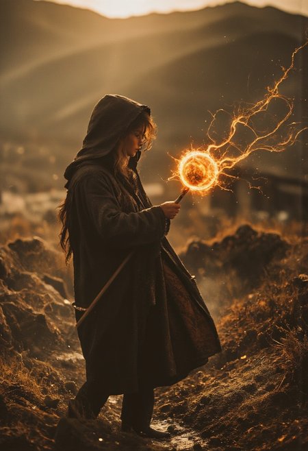 cinematic Closeup movie still-shot,  Create an action scene featuring a halfling wizard Female and Long hair in a broad outworn hooded cape shading her eyes, standing in the midst of an DARK desert forest. She is executing a powerful spell with her Long orb-staff with a translucent Amber Sphere head that carves a furrow through the sand and enemies on the ground, scattering them away or disintegrating them with the force of the blow. The focus is on the intricate designed luminous orb-staff capturing the dynamic speed of the Magic force. Pressure Wave, floating particles, the Closeup of her face silhouette visible against the backdrop of the setting sun, which shines through parts of her metallic body. Her billowing Linen cape adding to the dramatic effect. The scene is vibrant with atmospheric lighting and cinematic composition. Super Face Closeup