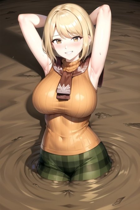 ashley graham, brown eyes, bangs, red scarf, (orange sweater:1.2), sleeveless turtleneck, green miniskirt, large breast, partially submerged, in mud, flooding up to the chest, upper body, (village:1.5), (mud:1.5), (pov:1.5), (raised eyebrows:1.2), :o, blush, (sinking:1.1), (seductive smile:1.5), , (arms behind head:1.5),